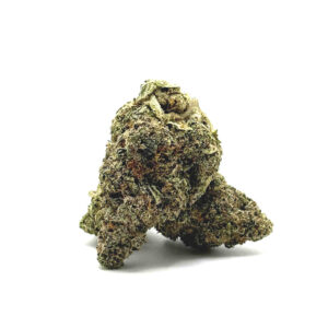 Dried cannabis bud on a white background, showing dense green resinous crystals and orange hairs.