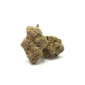 Close-up of three cannabis buds with frosty trichomes on a white background