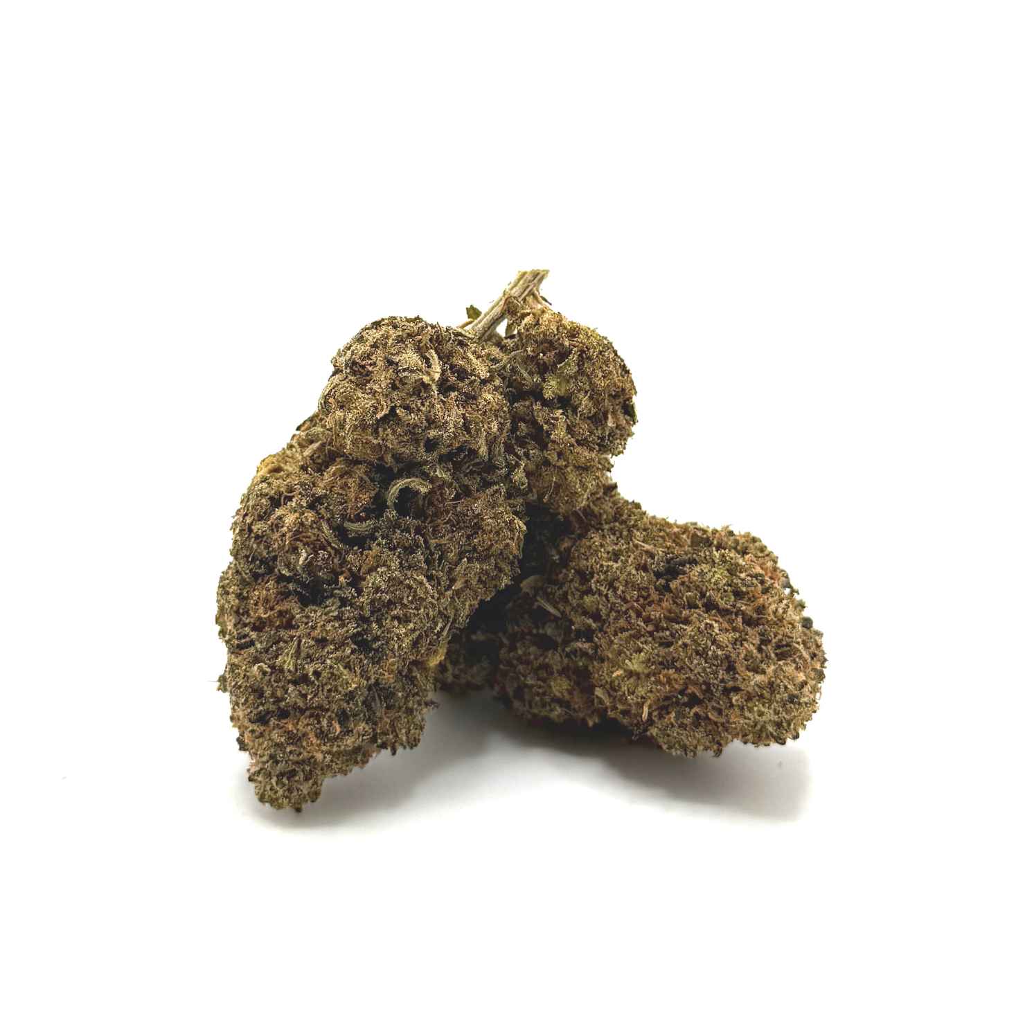 Dried cannabis buds with frosty trichomes on a white background.