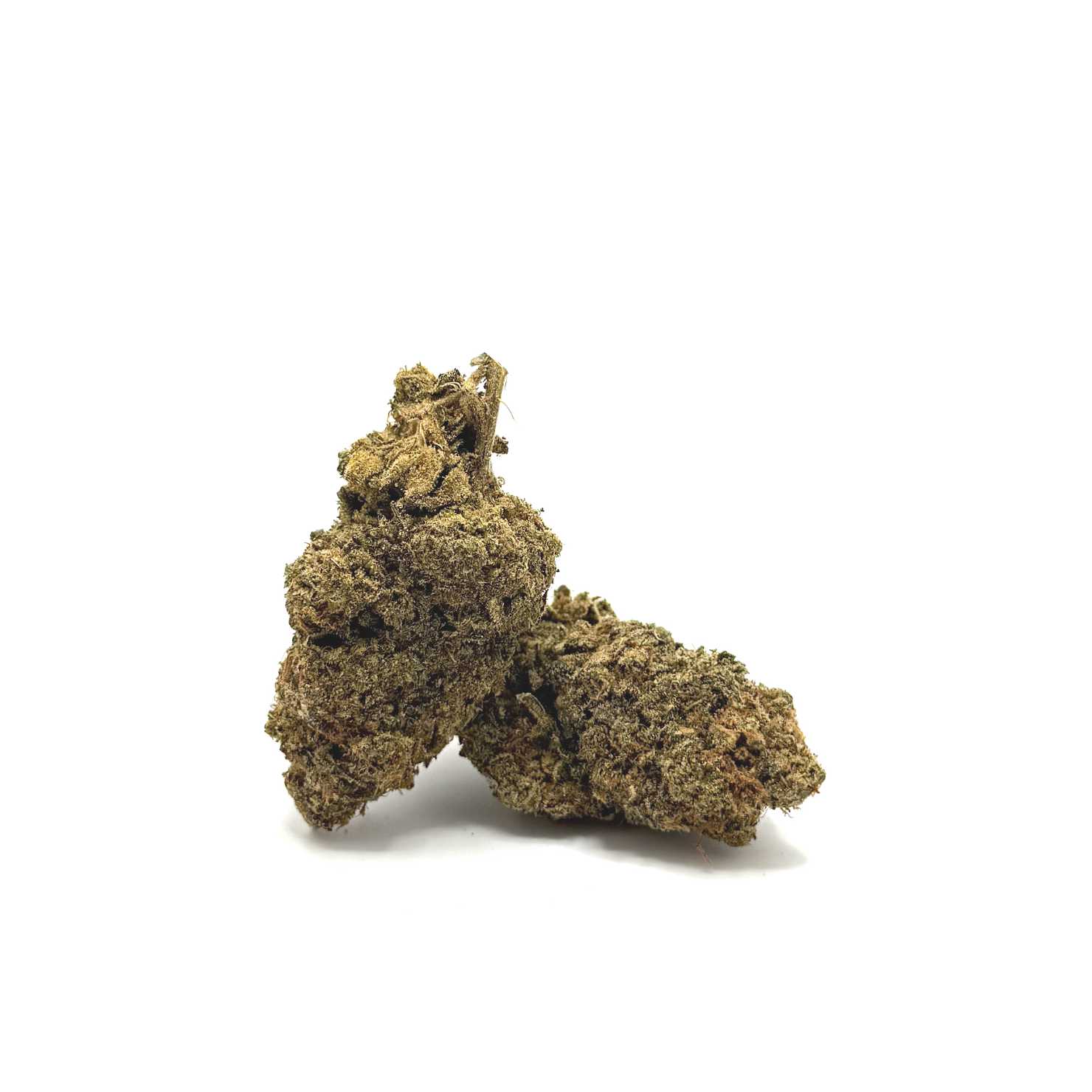 Close-up of textured cannabis buds on a white background/ surface.