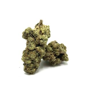 Dense green cannabis buds with frosty trichomes on a white background, close-up detail around the texture and calyxes