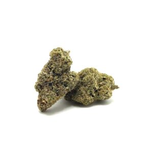 Dried cannabis buds on a white background with visible trichomes